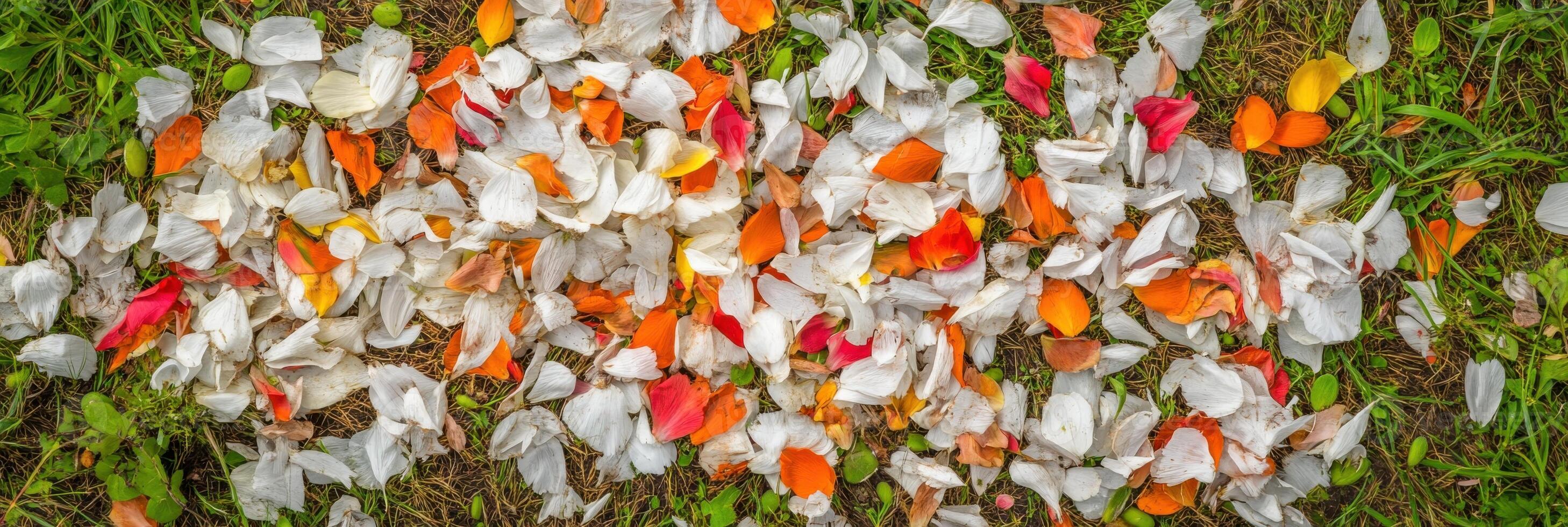 Colorful flower petals scattered on grass creating a natural pattern concept photo