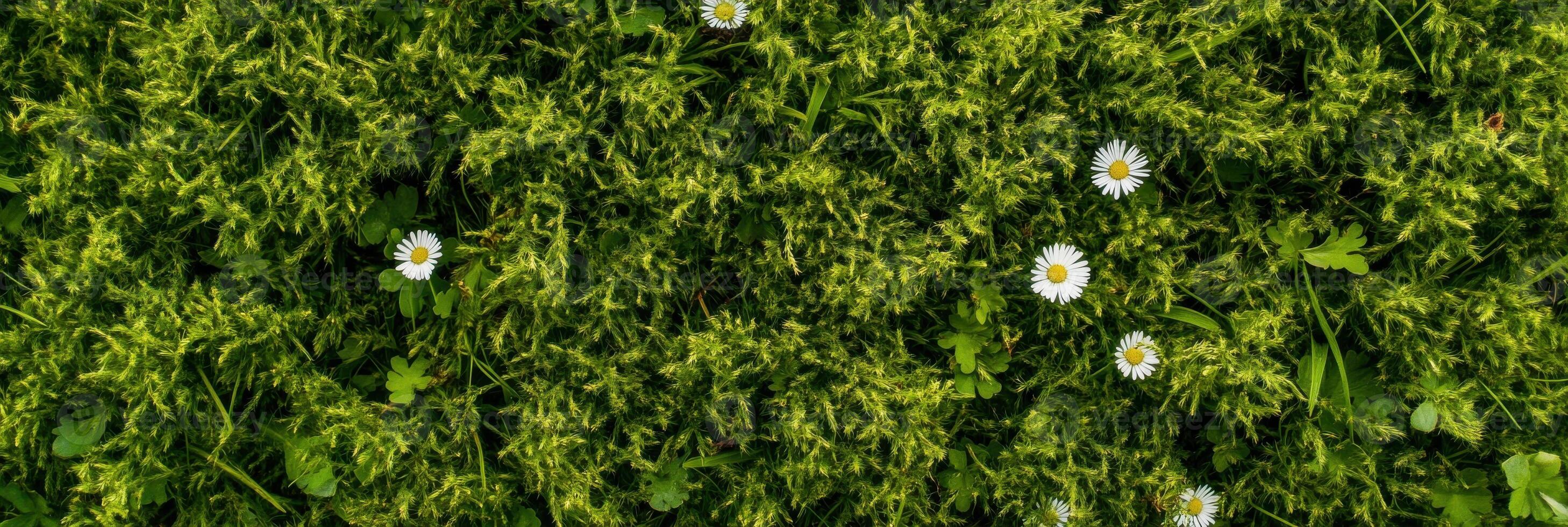 Close-up of daisies scattered on lush mossy ground in springtime garden photo