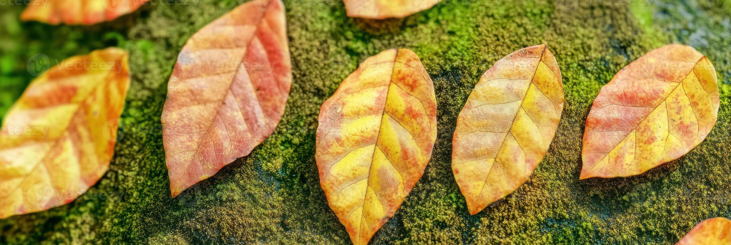 Vibrant autumn leaves pattern with rich veins on a moss background photo