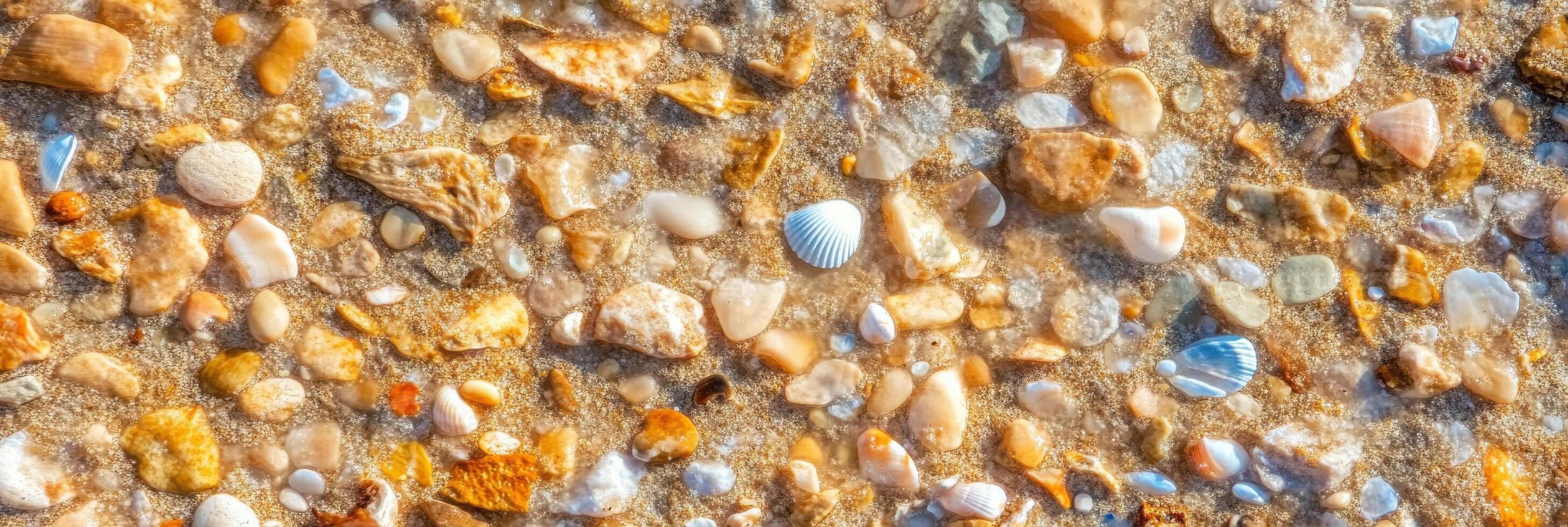 Textured beach sand with assorted seashells and pebbles on coastal shoreline photo