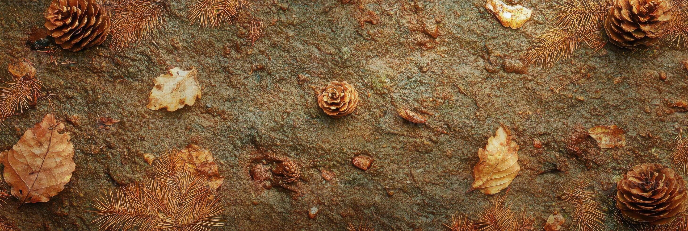 Autumn forest ground with pine cones, fallen leaves, and pine needles texture photo
