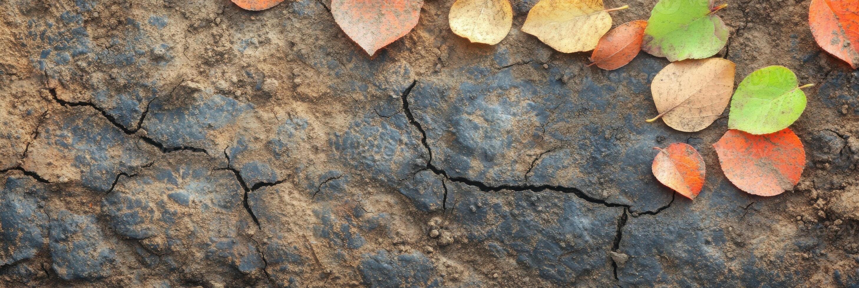 Autumn leaves on cracked soil reflecting nature's cycle of seasons photo