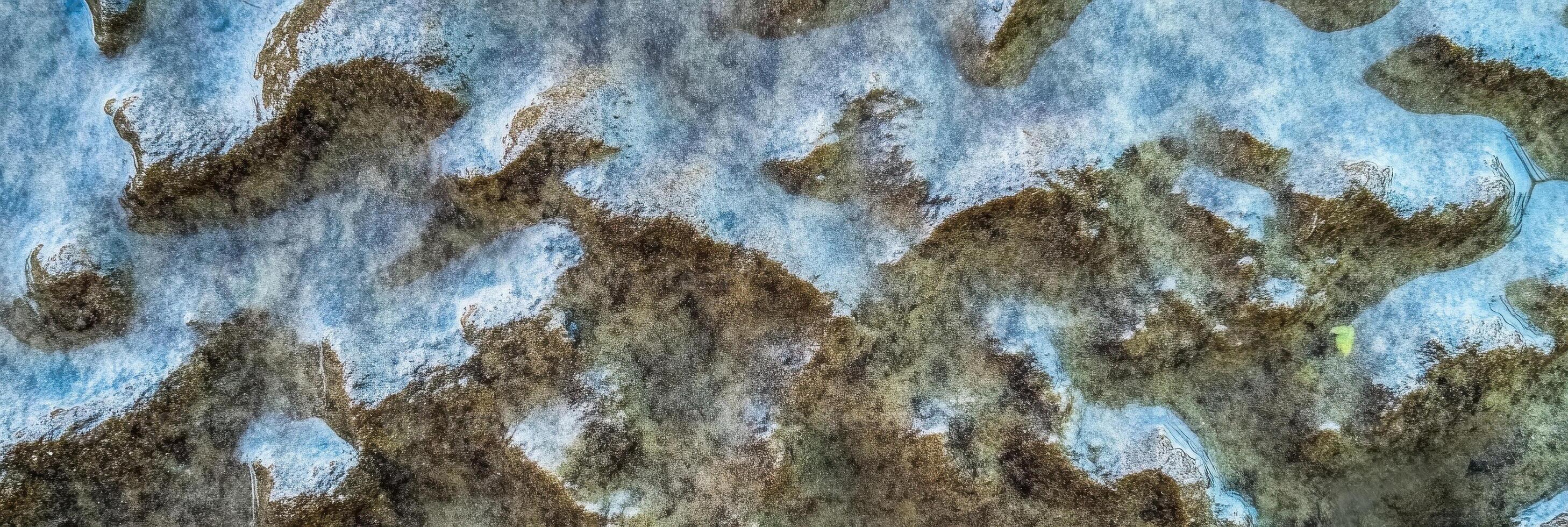Abstract aerial view of snow covered landscape with frozen lakes and forest photo