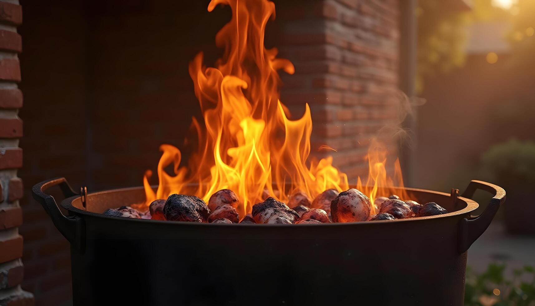 Captivating Flames Erupting from Charcoal in a Grill at Dusk photo