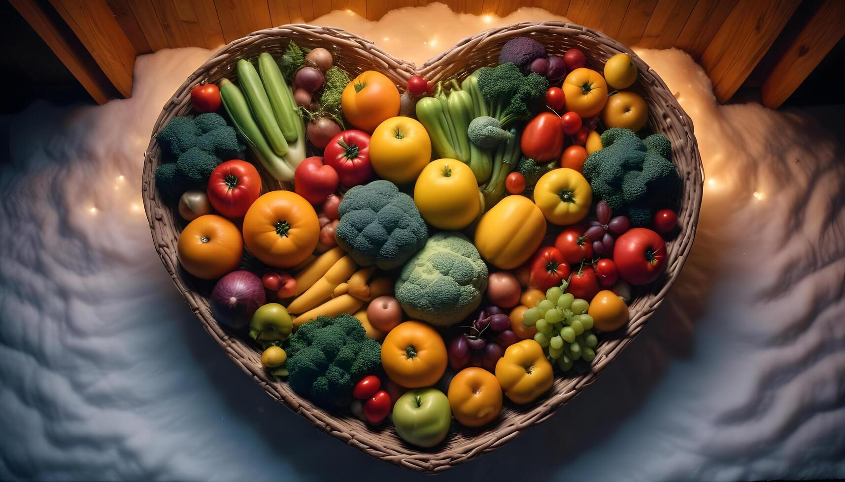Heart shaped basket of fruits and vegetables photo