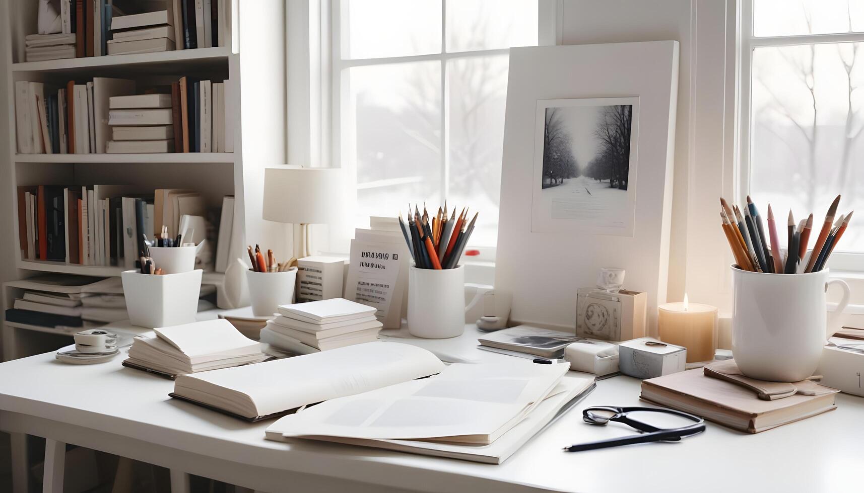 A desk with books, pens, and other items photo