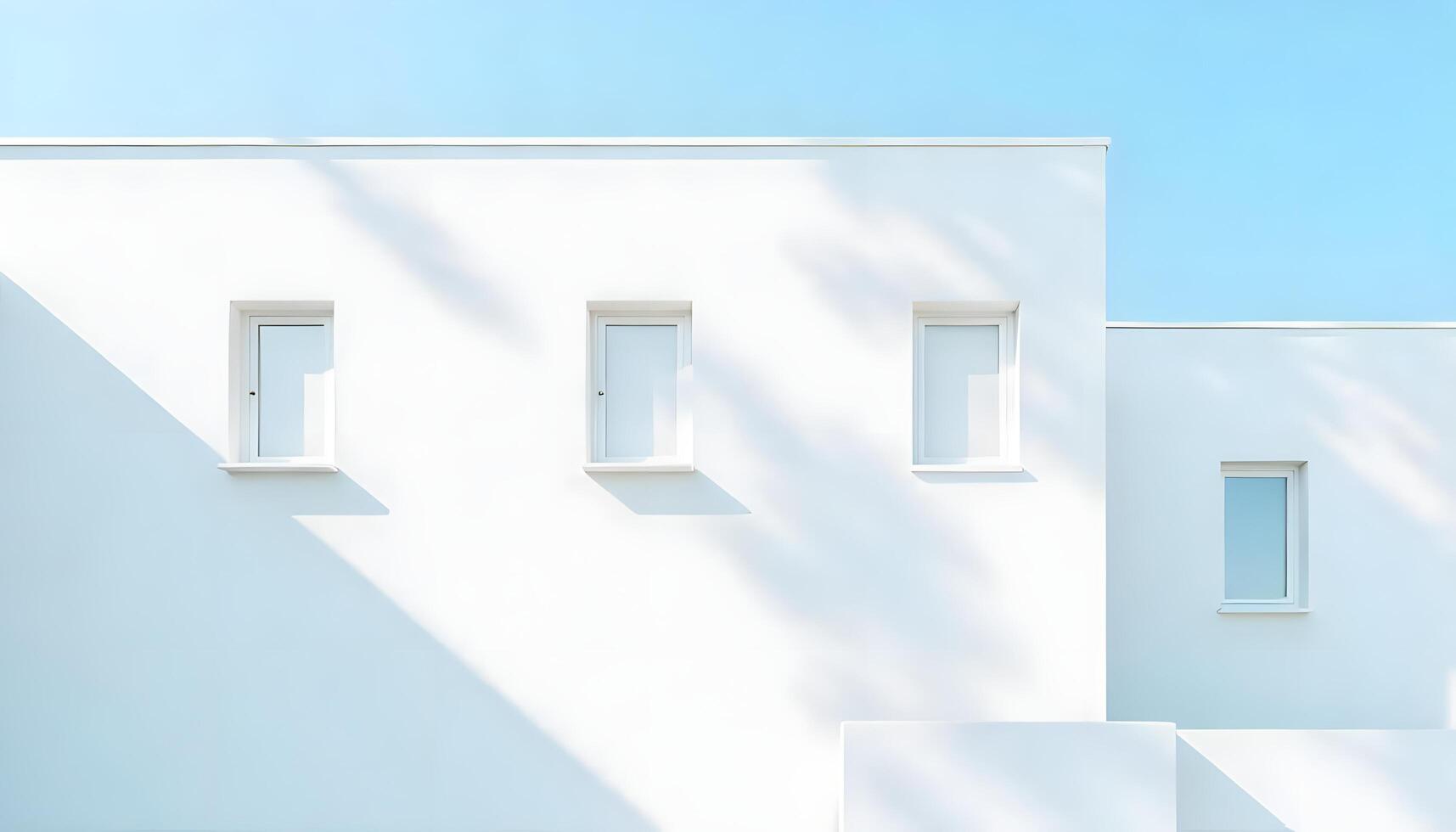 A white building with three windows and a blue sky photo