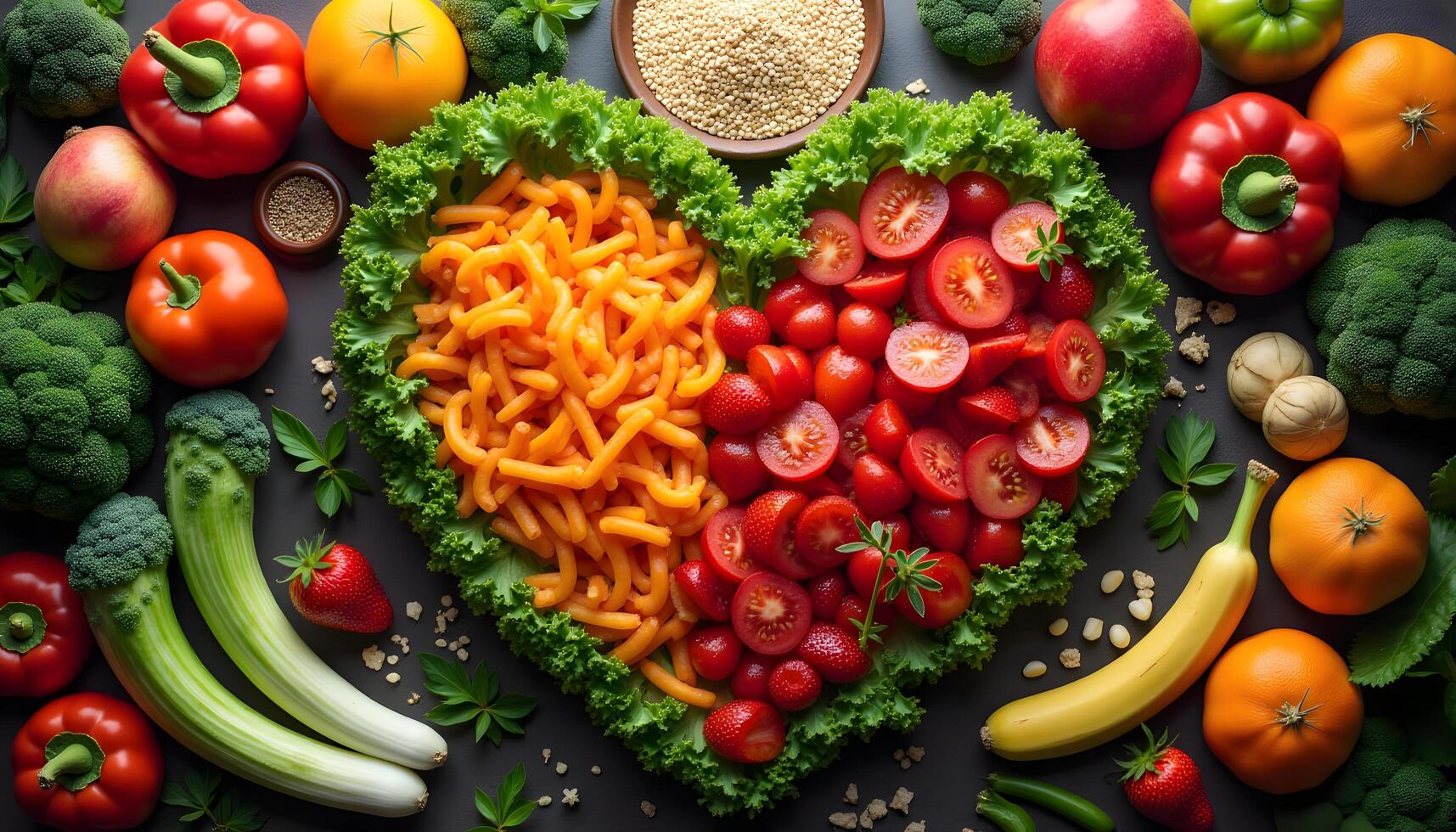 Heart shaped vegetables and fruits on a dark background photo