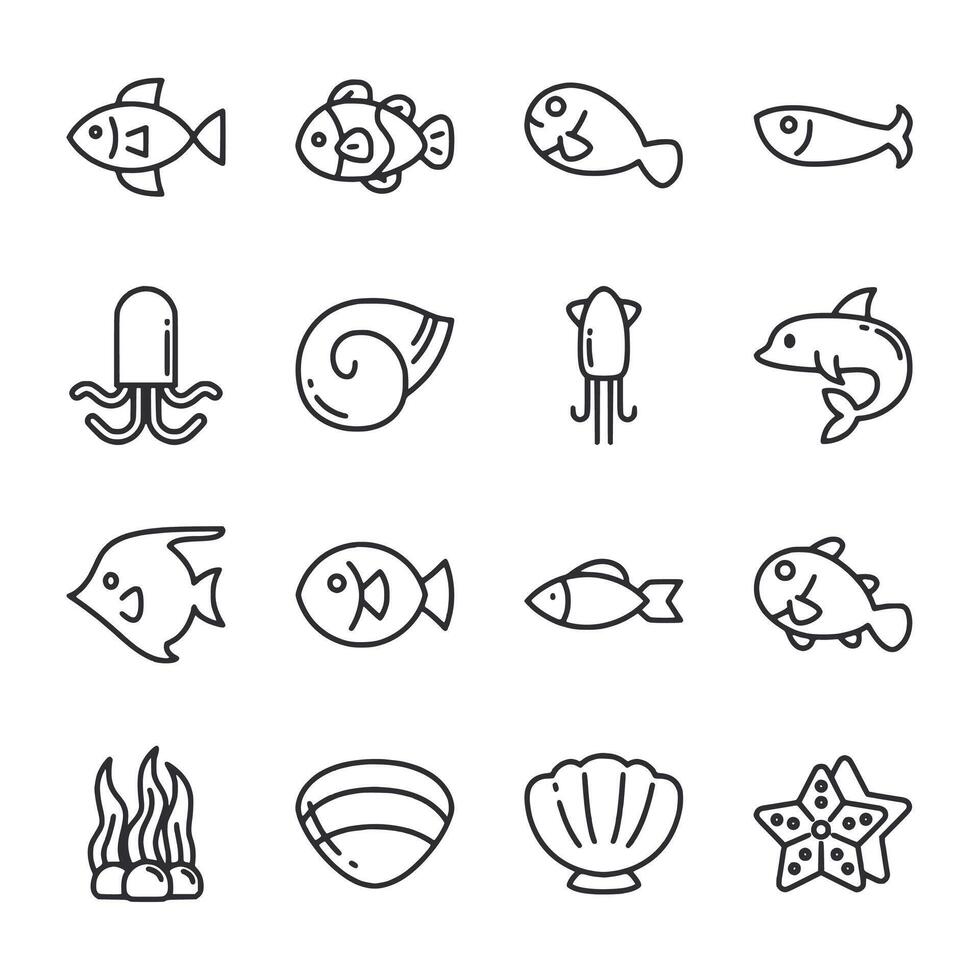 A set of fish and sea creatures in black and white vector