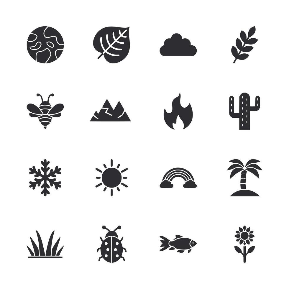 A black and white image of a variety of icons including a sun, a leaf, a cloud vector