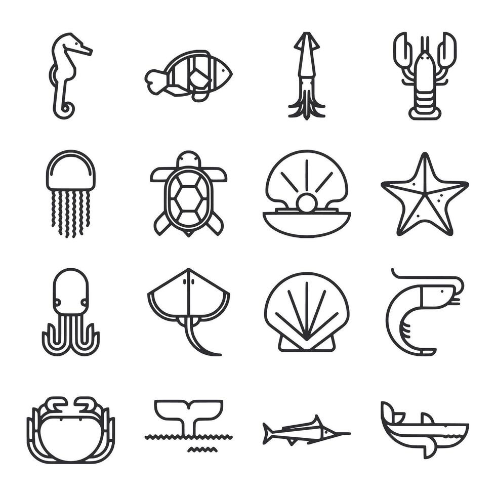 A set of black and white icons of sea creatures vector