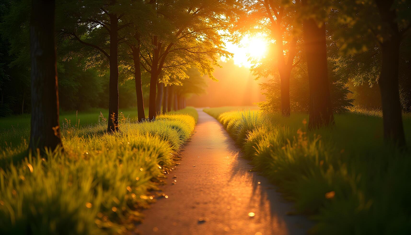 A path in the middle of a green field with trees photo