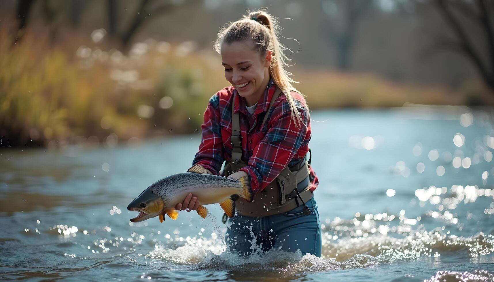 A woman is holding a fish in the water photo