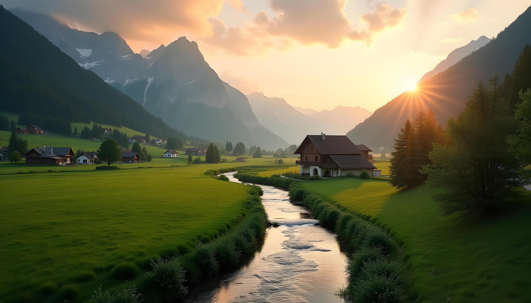 A beautiful landscape with a stream and a house photo