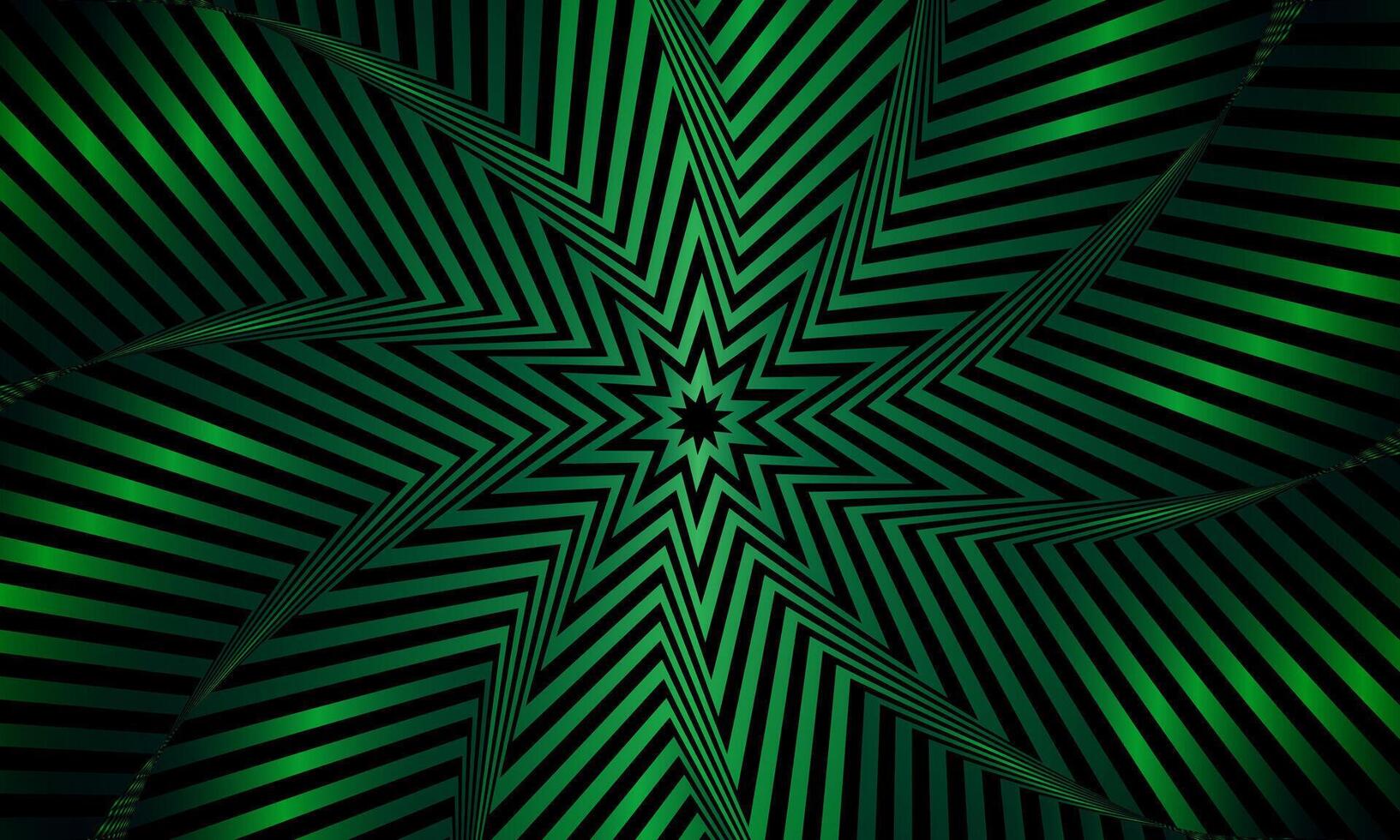 Optical illusion green star tunnel on black background. gradient twisted spirals. shiny soft light. vector