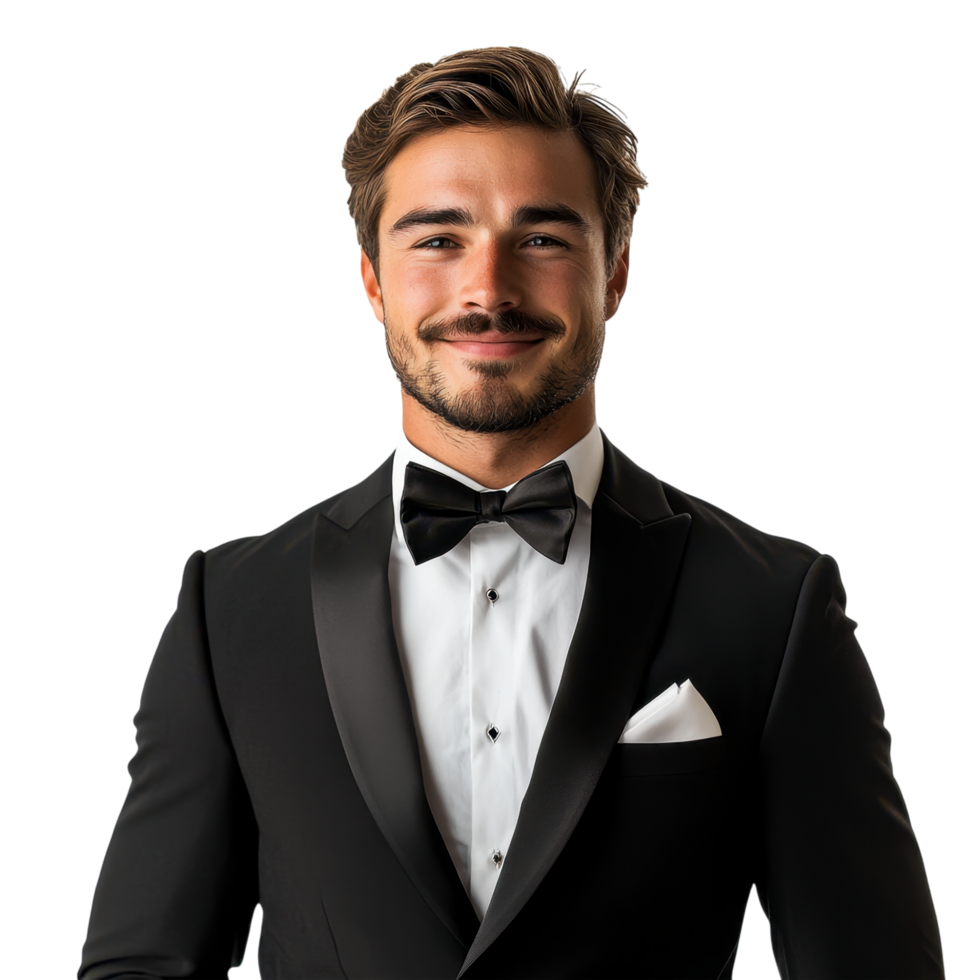 Elegant man in a black tuxedo with a modern slim fit, isolated on transparent background png