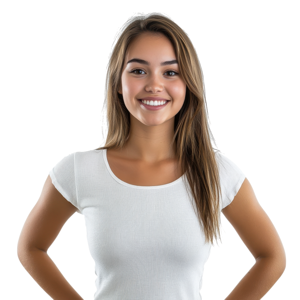 Smiling young woman in a casual white shirt, isolated on transparent background png