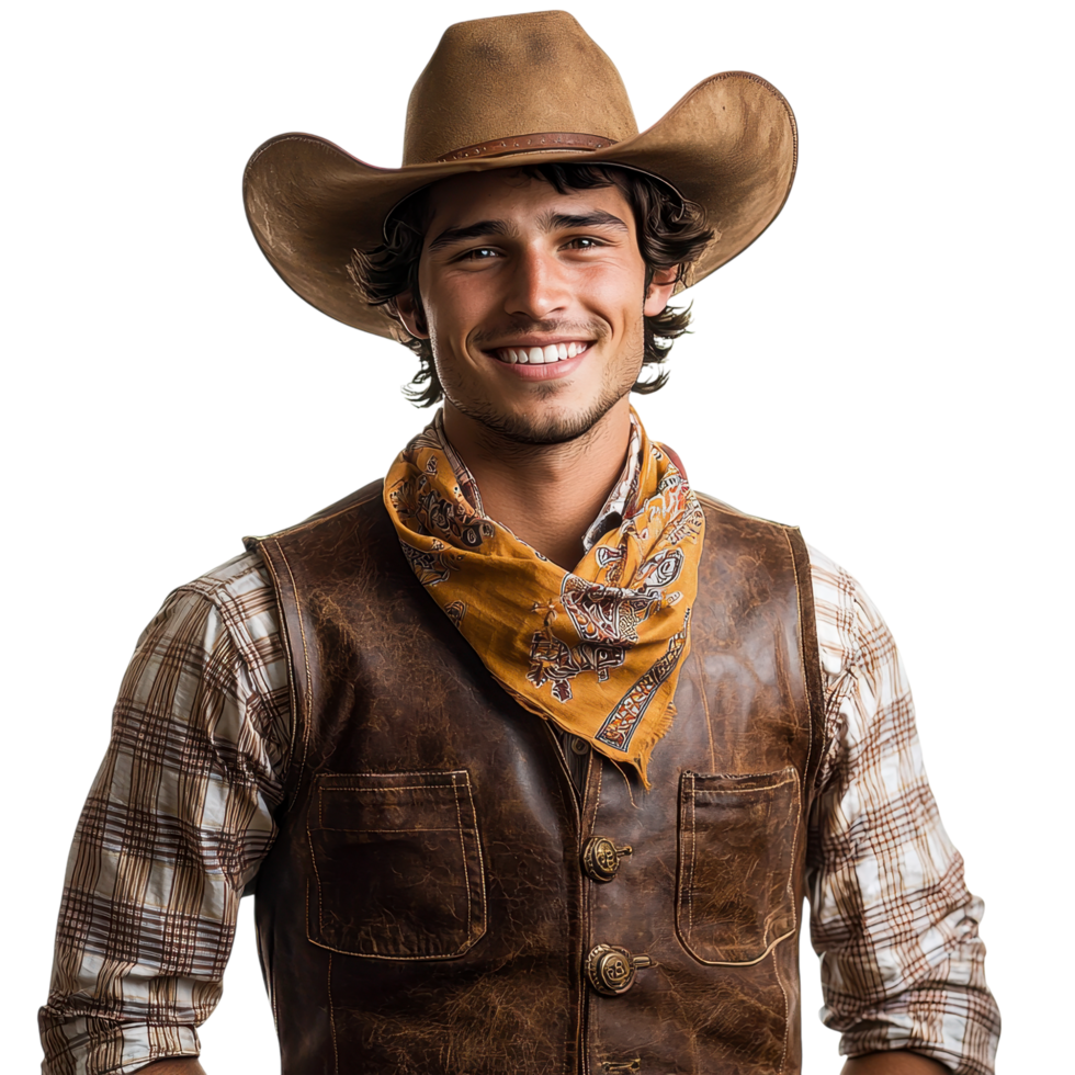 Stylish cowboy in a beige vest and scarf looking friendly, isolated on transparent background png