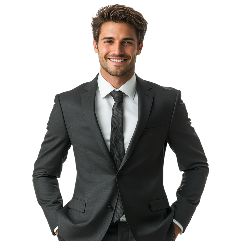 Stylish man in a dark gray suit with a professional look, isolated on transparent background png