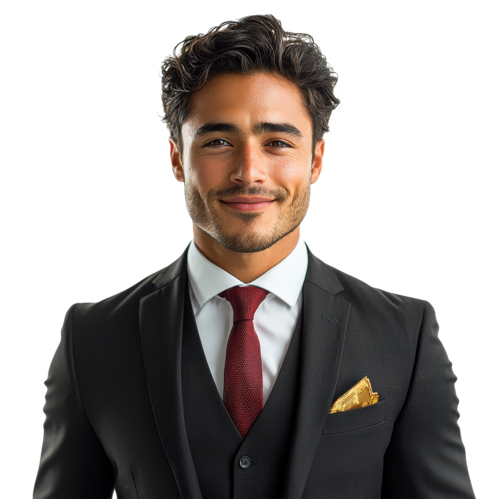 Confident young man in a dark suit with a red tie smiling, isolated on transparent background png