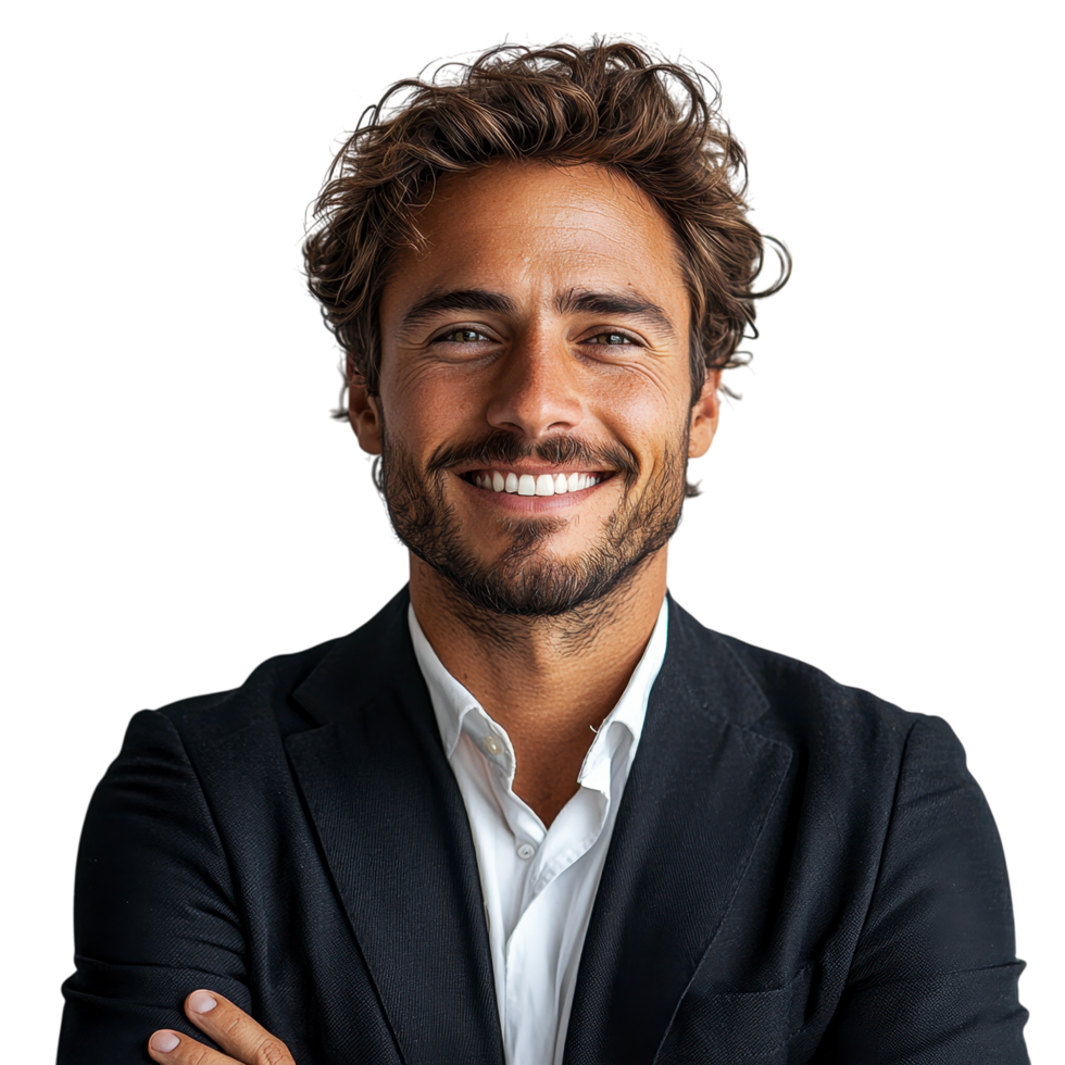 Handsome man in a dark navy suit with a casual smile, isolated on transparent background png