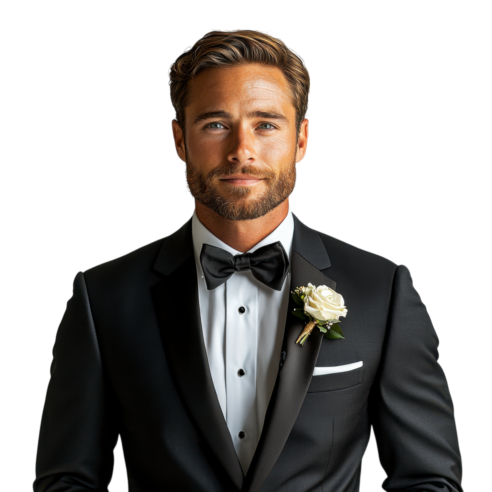 Elegant groom in a black tuxedo with a boutonniere, isolated on transparent background png
