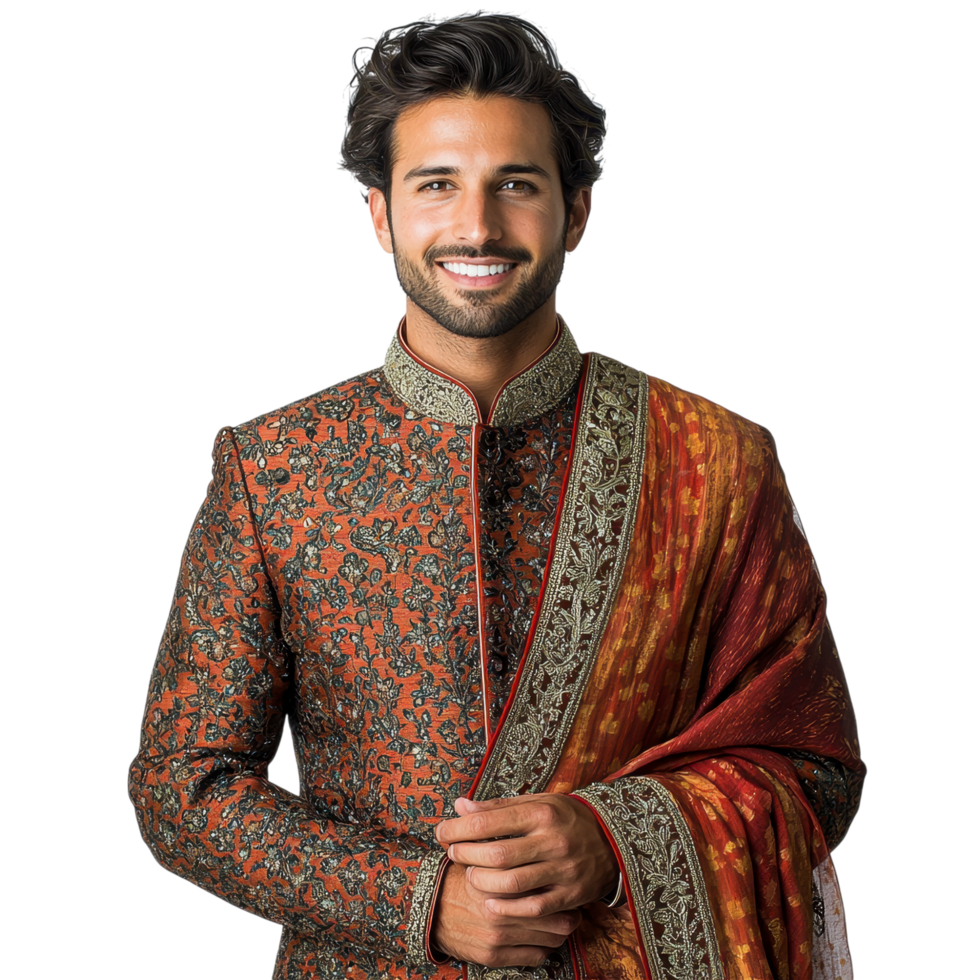 Elegant man in an intricately embroidered brown and orange suit, isolated on transparent background png