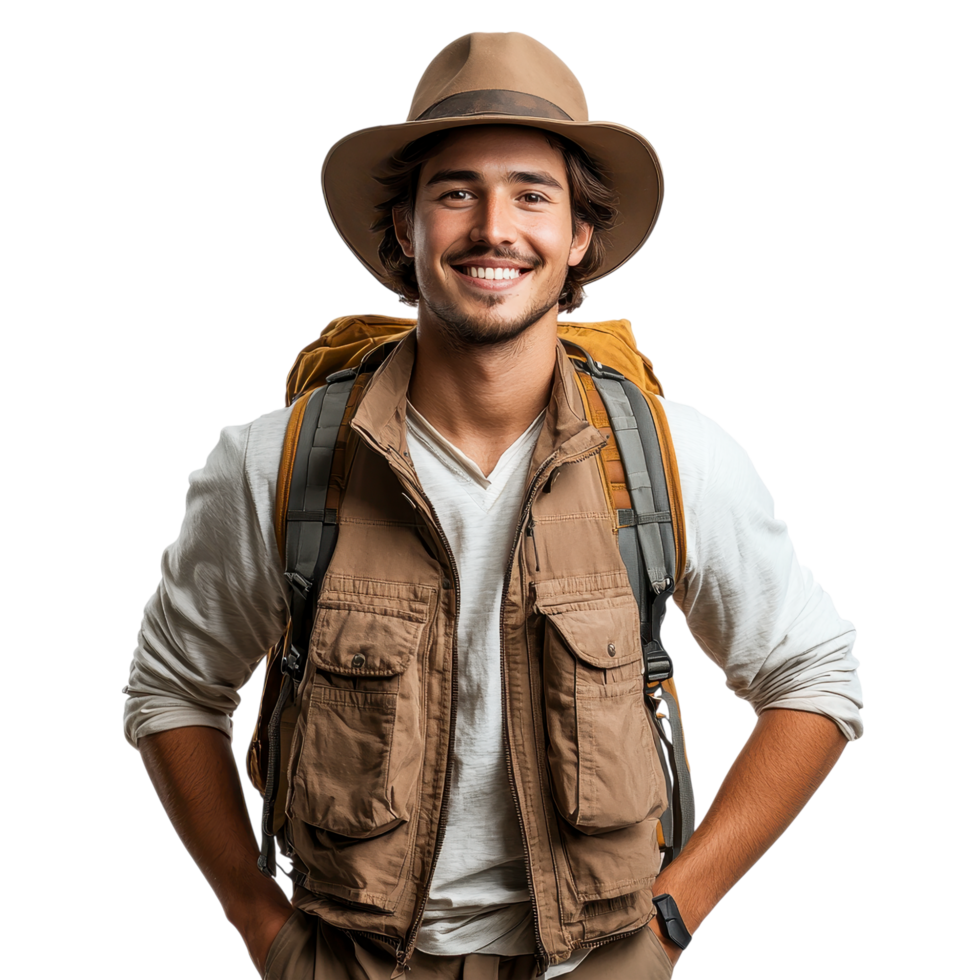 Smiling adventurer in a khaki vest with a backpack, isolated on transparent background png