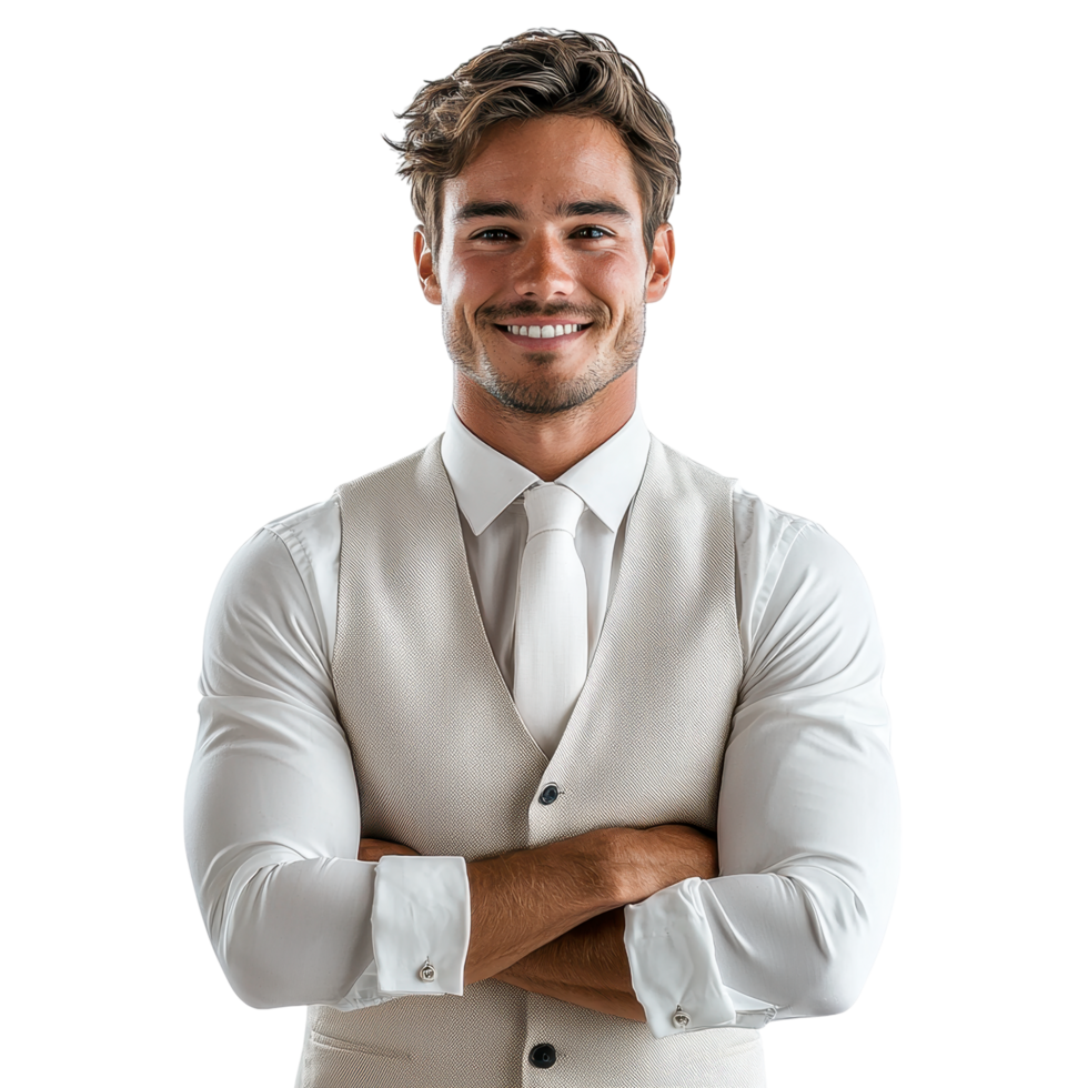 Smiling man in a white dress shirt with arms crossed, isolated on transparent background png