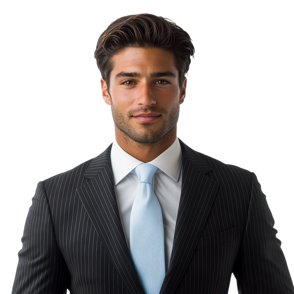 Stylish man in a dark pinstriped suit with a professional look, isolated on transparent background png