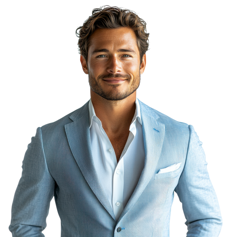 Handsome young man in a pastel blue suit with a friendly expression, isolated on transparent background png