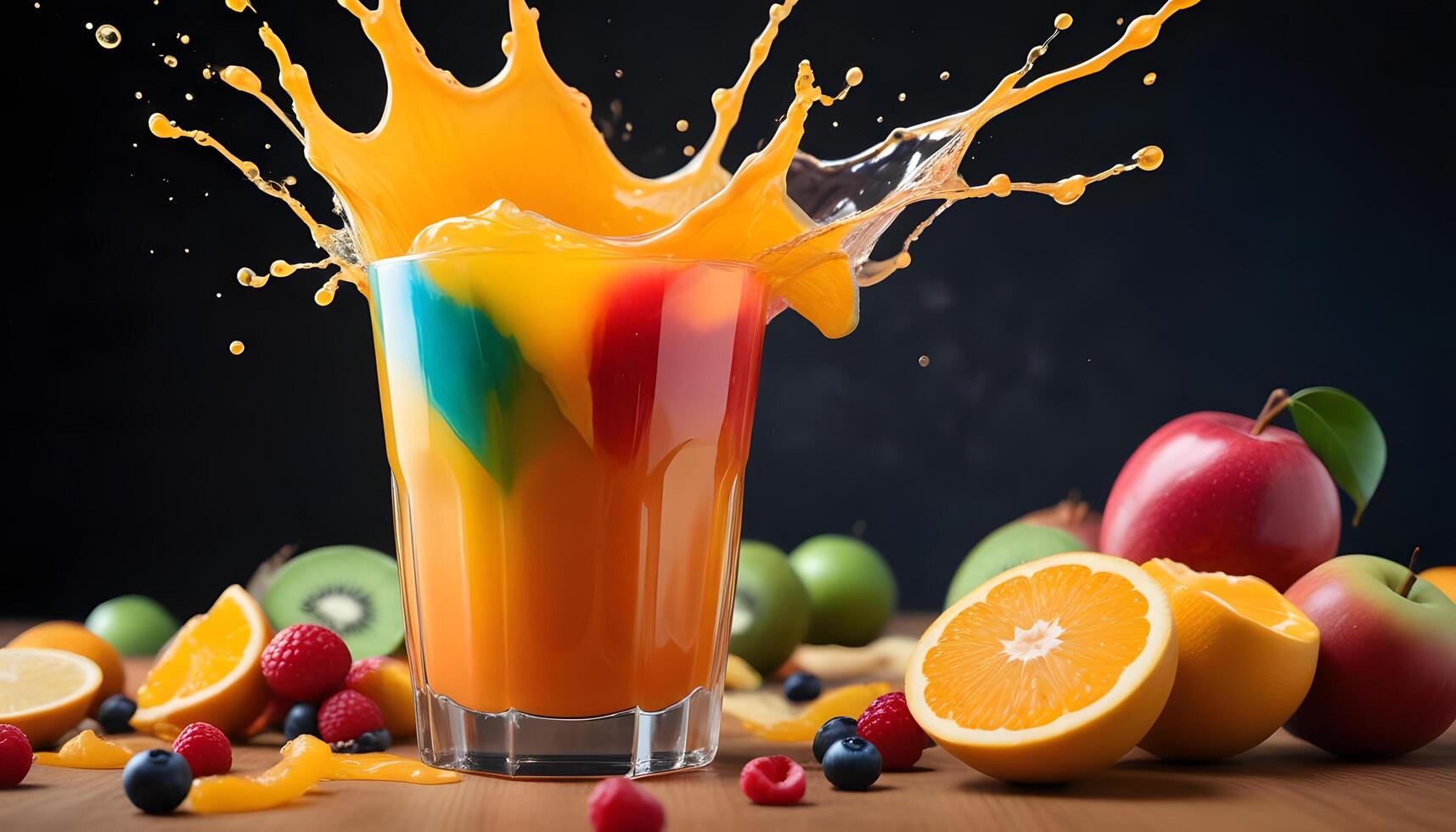 A glass of orange juice with fruit and berries photo