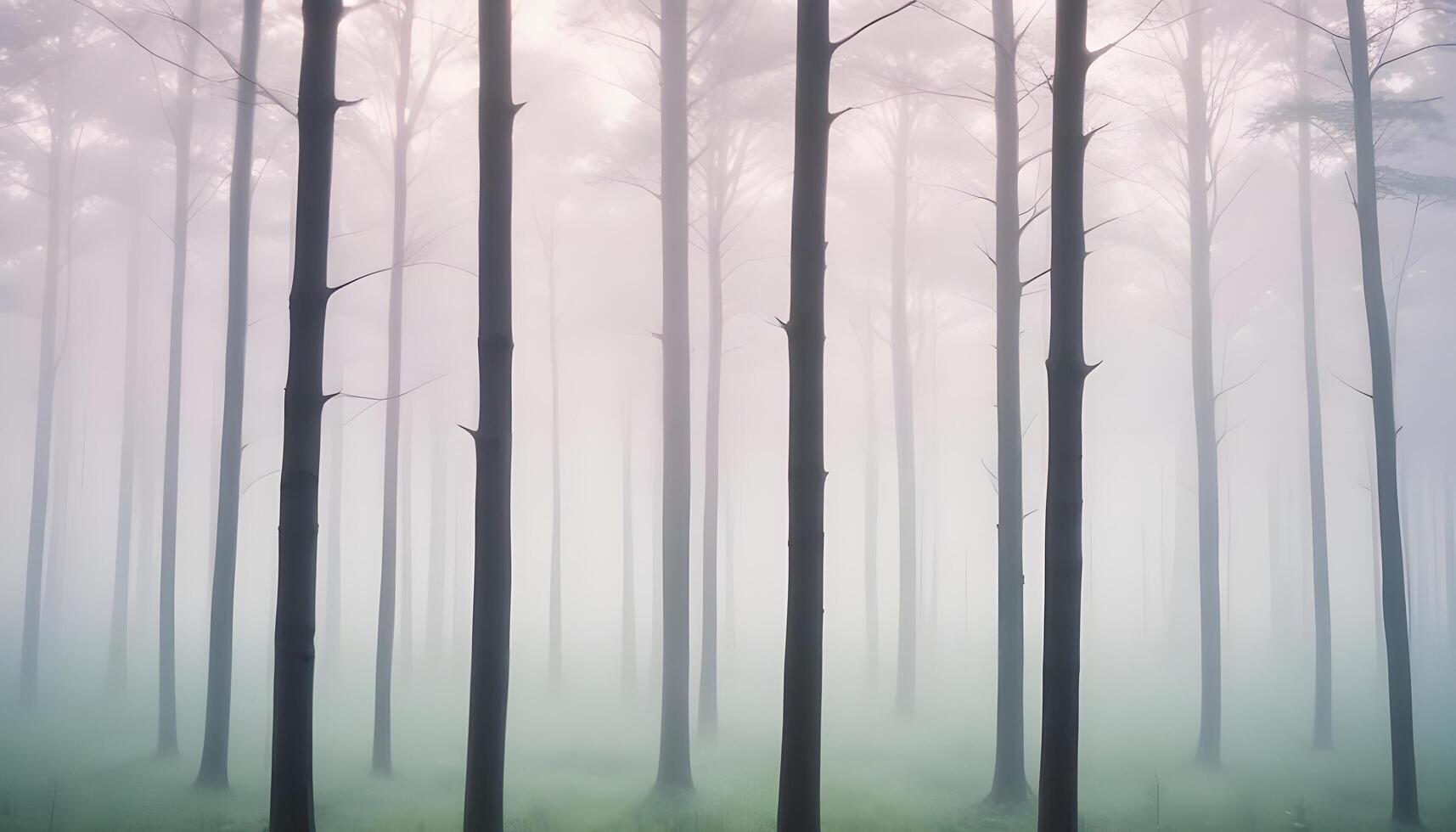 A forest with tall trees in the fog photo