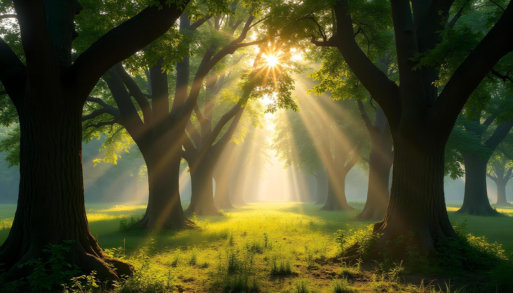 Sunlight shining through trees in a green forest photo