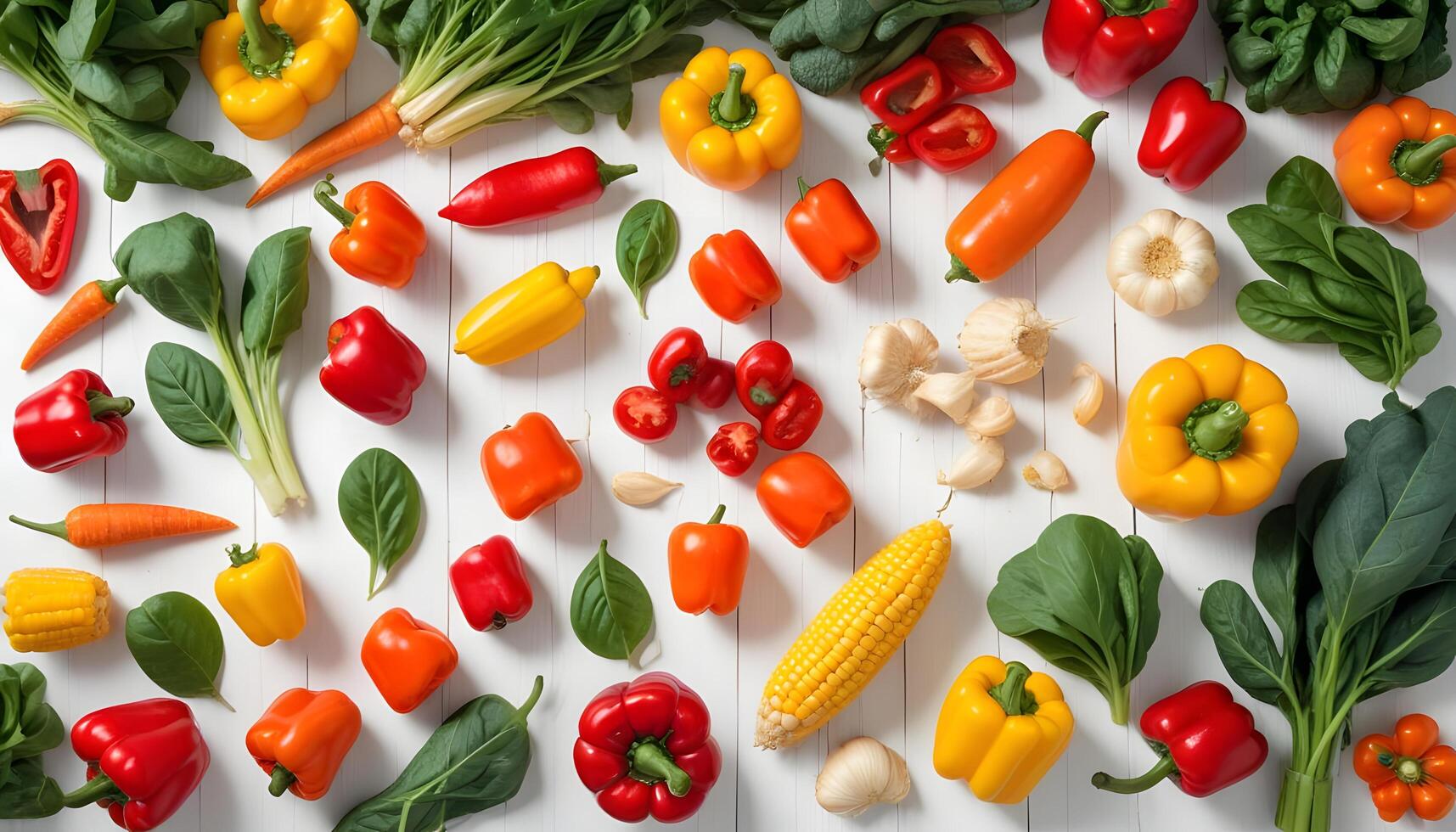 Various vegetables and fruits arranged on a white table photo