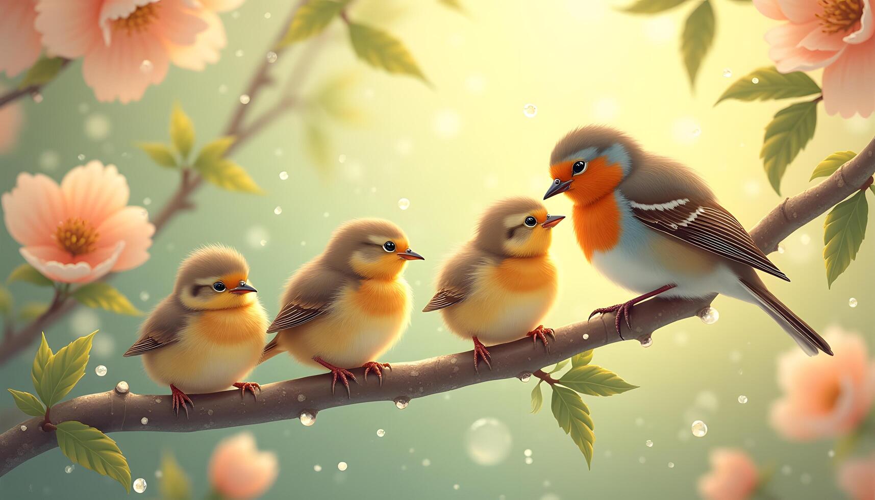 A painting of three baby birds sitting on a branch photo