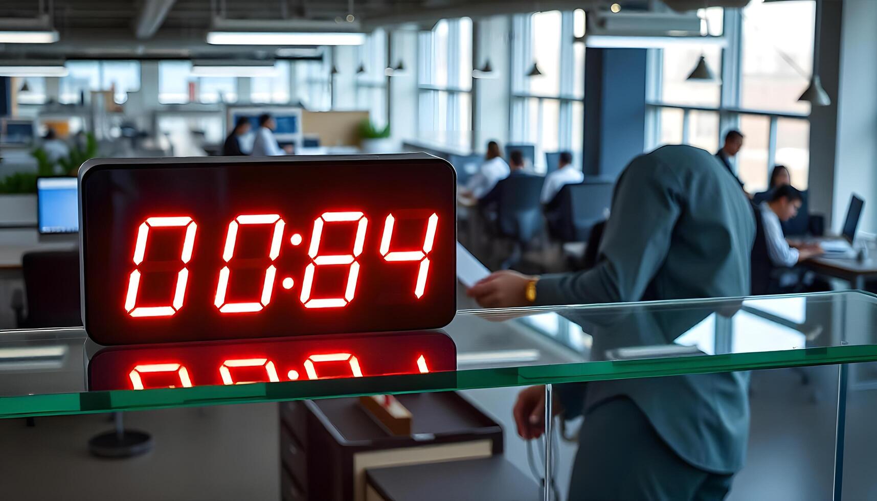 A red digital clock on a glass table in an office photo