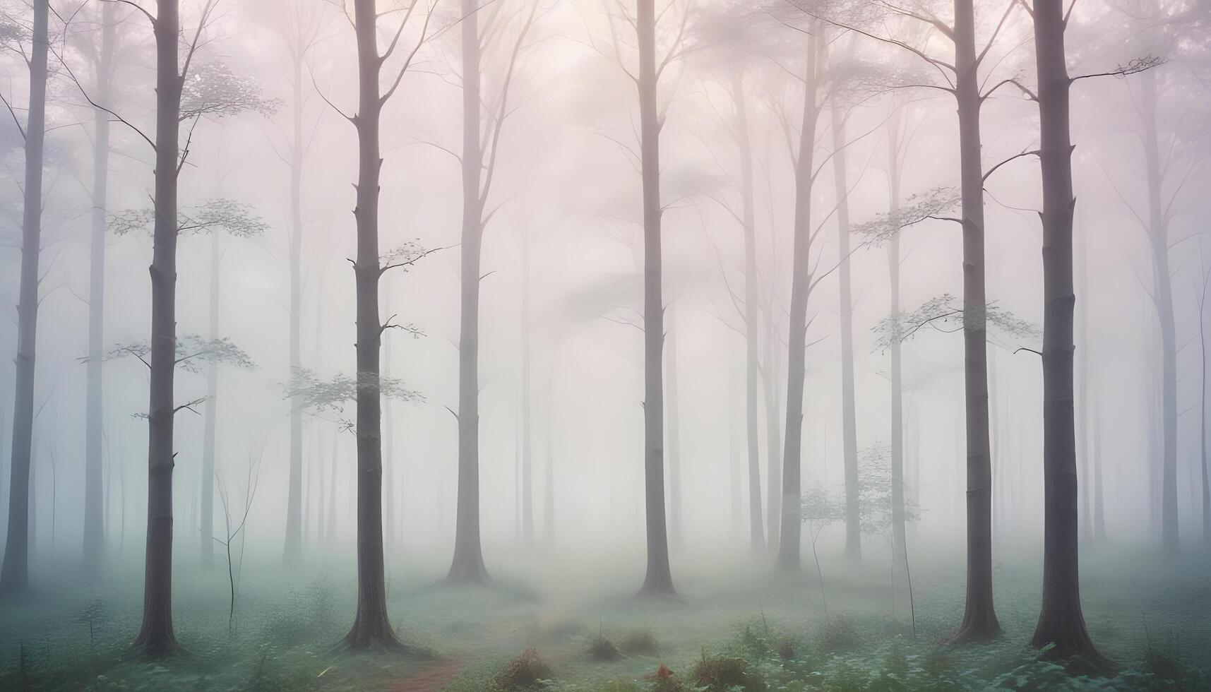 A foggy forest with tall trees and grass photo