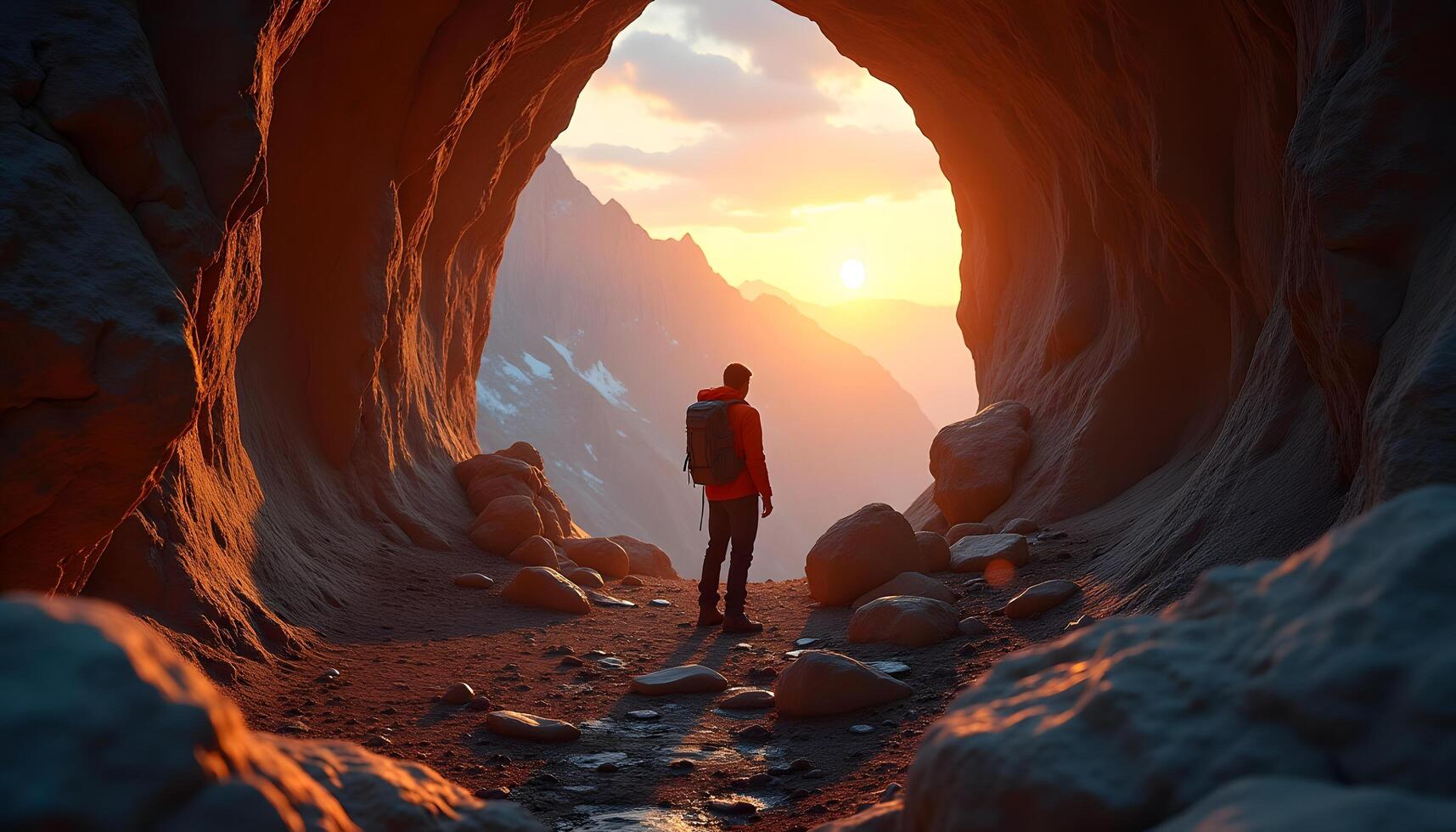 A man is standing in front of a cave with the sun setting behind him photo