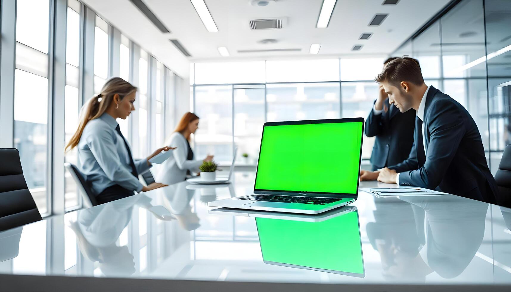 Business people sitting at a table with a laptop screen photo