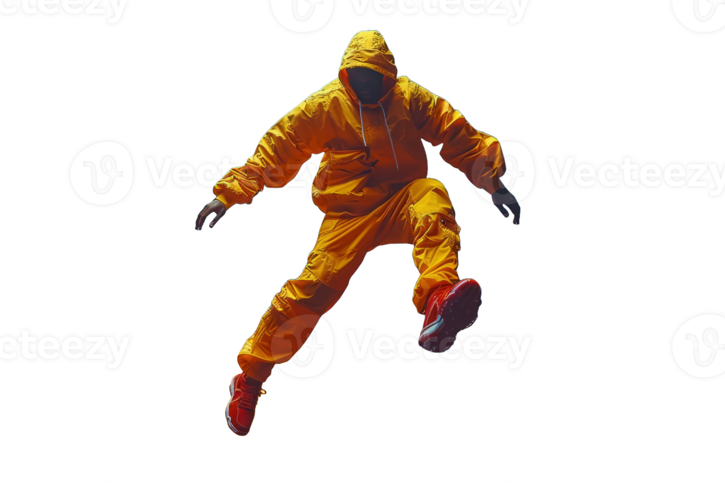 A person in a yellow jumpsuit is energetically leaping through the air png