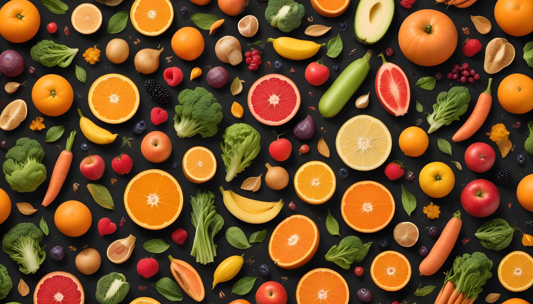 A variety of fruits and vegetables are arranged in a pattern photo
