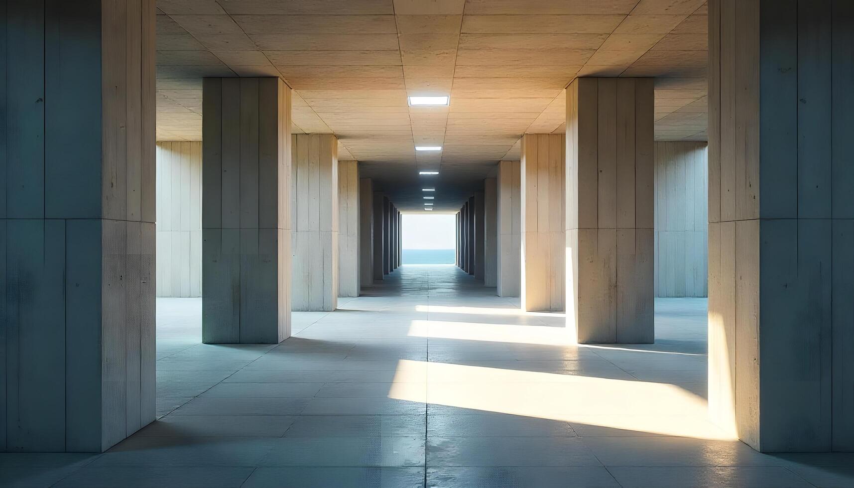 A long hallway with concrete pillars and light coming from the ceiling photo