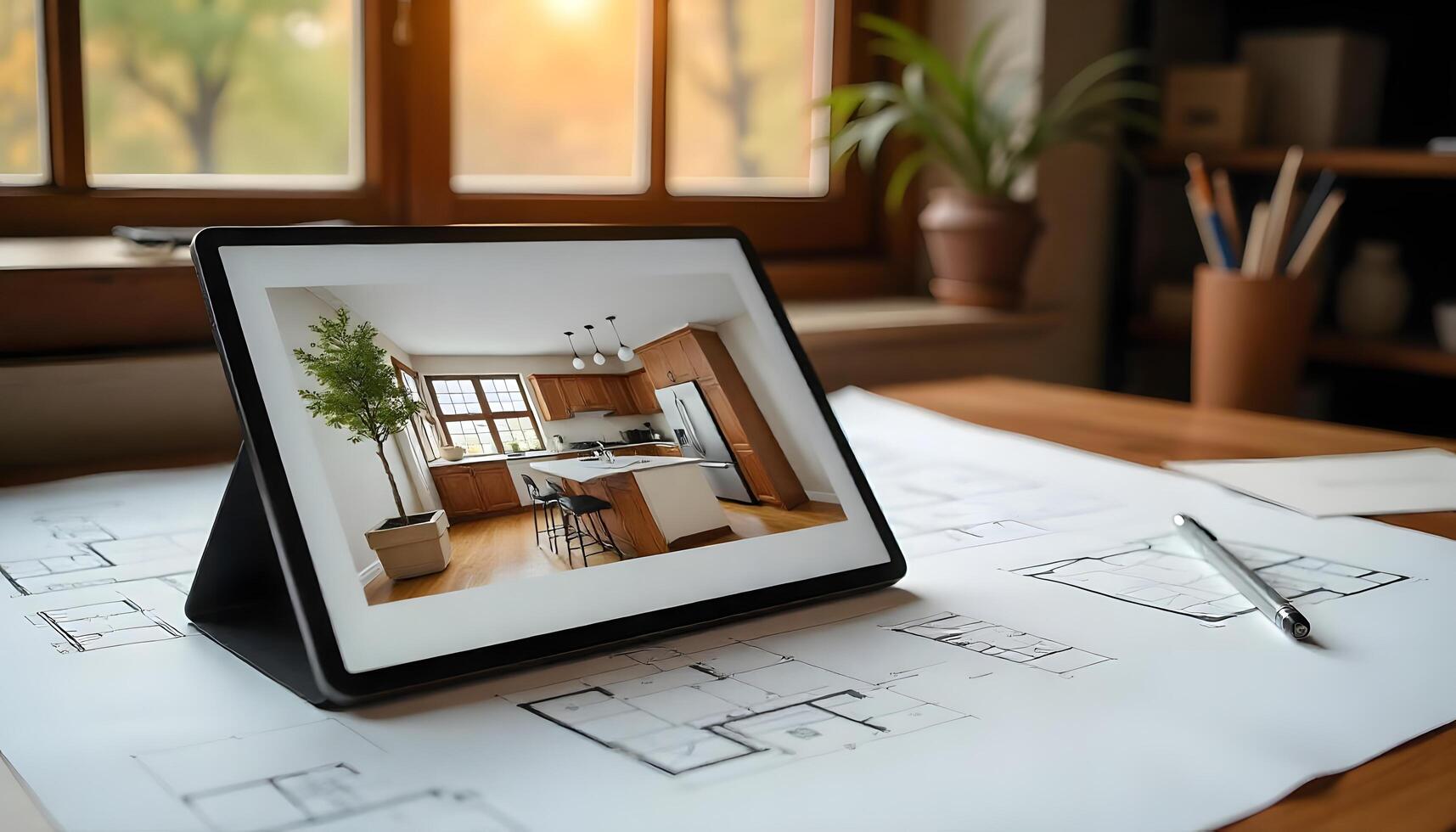 Modern Kitchen Design Showcase on Tablet with Blueprints photo