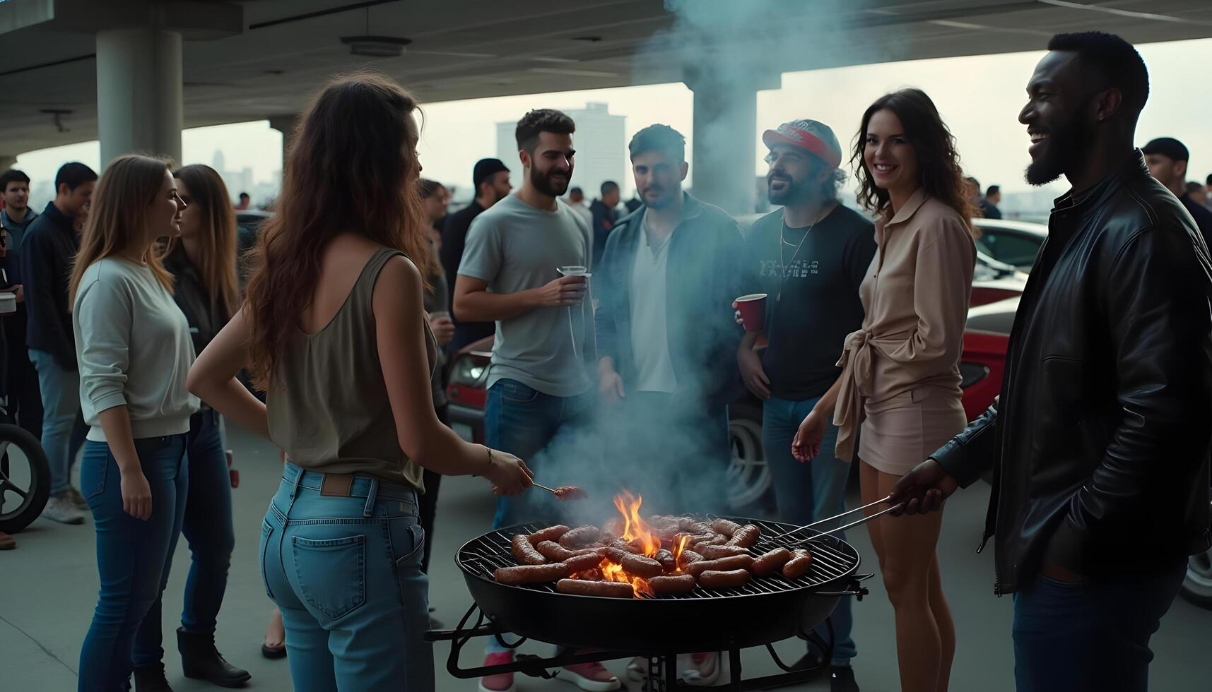 A group of people standing around a barbecue grill photo
