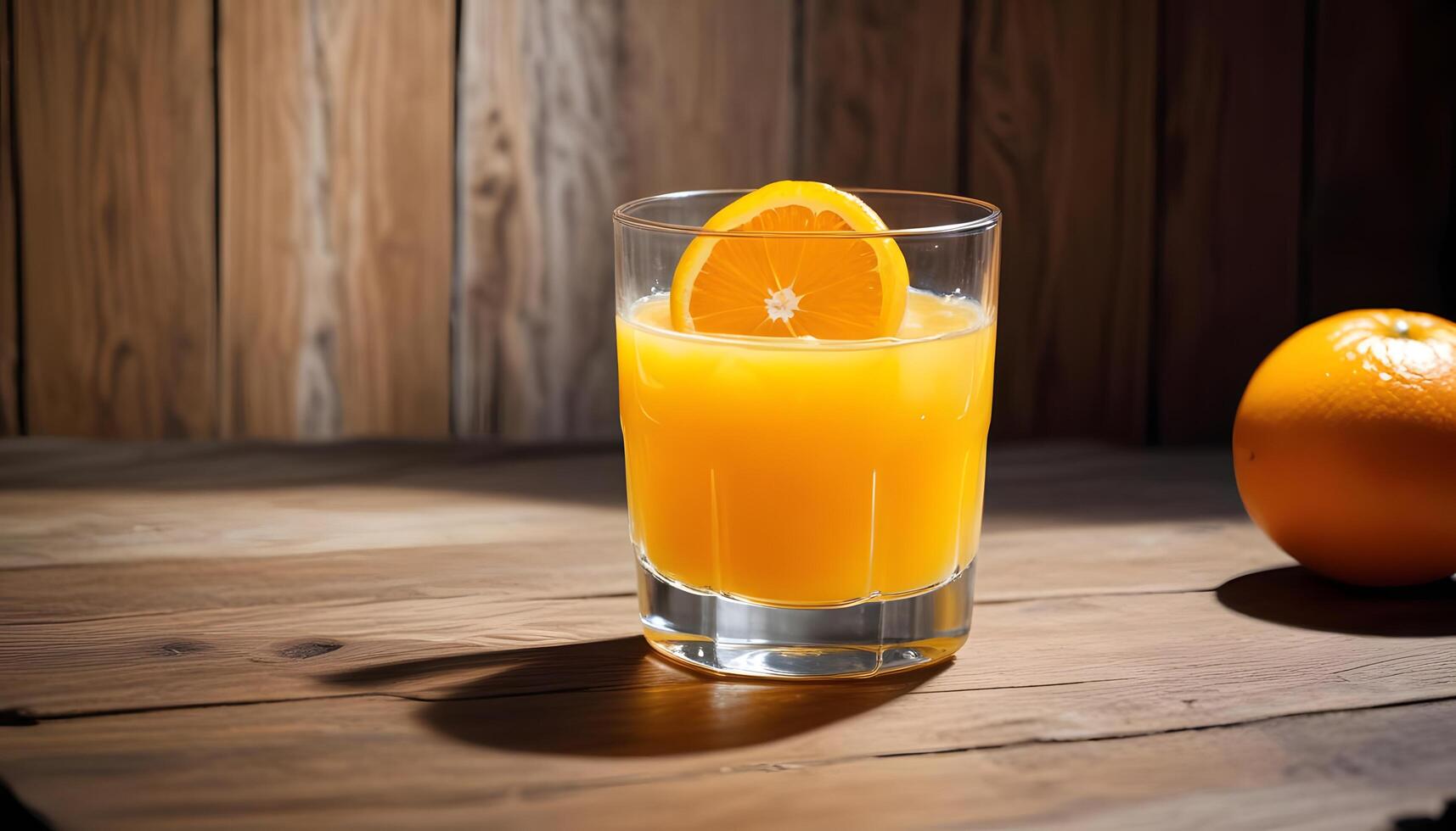 An orange juice glass with a slice of orange photo