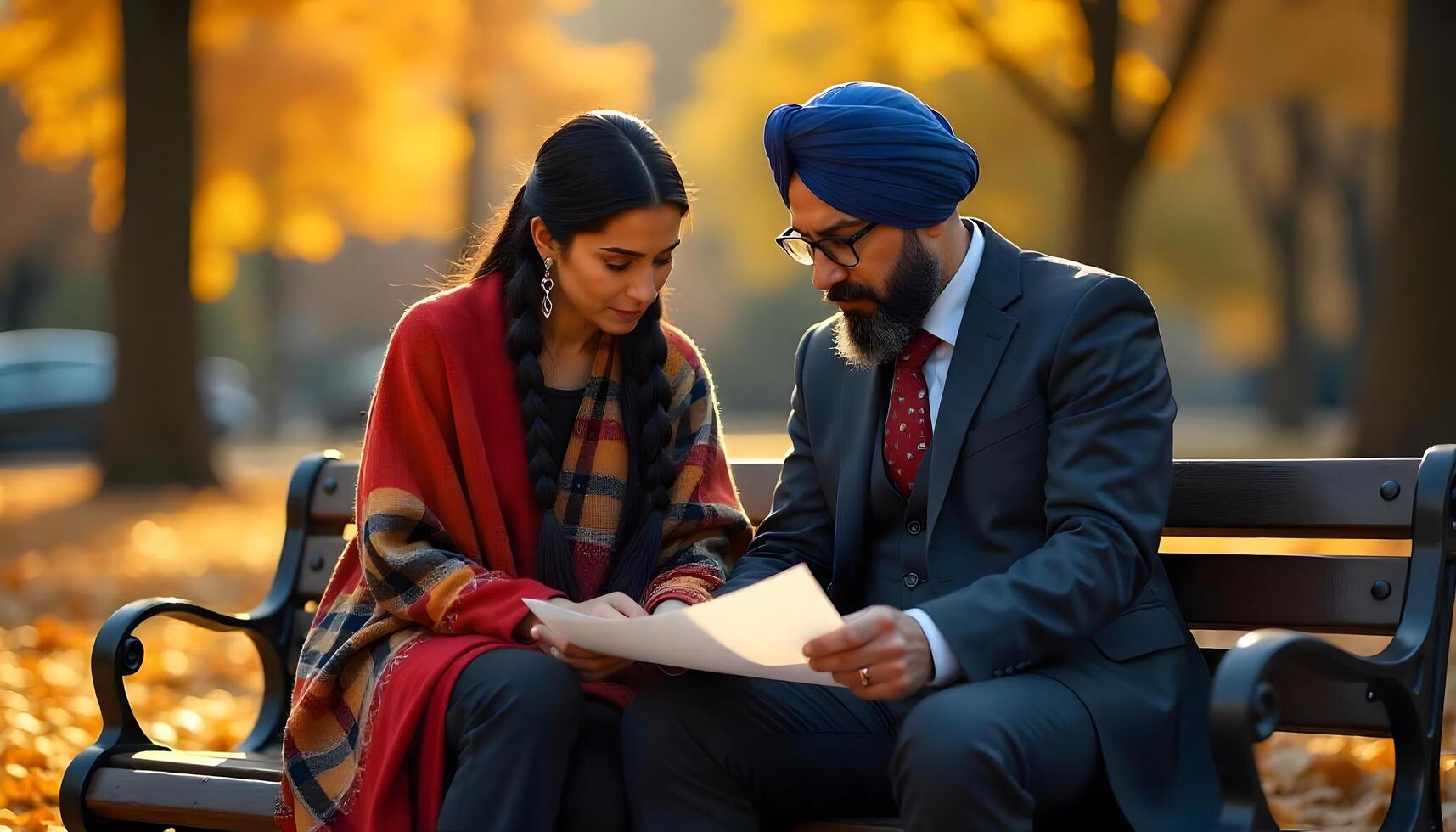 Couple Engaged in Conversation Amidst Autumn Leaves photo