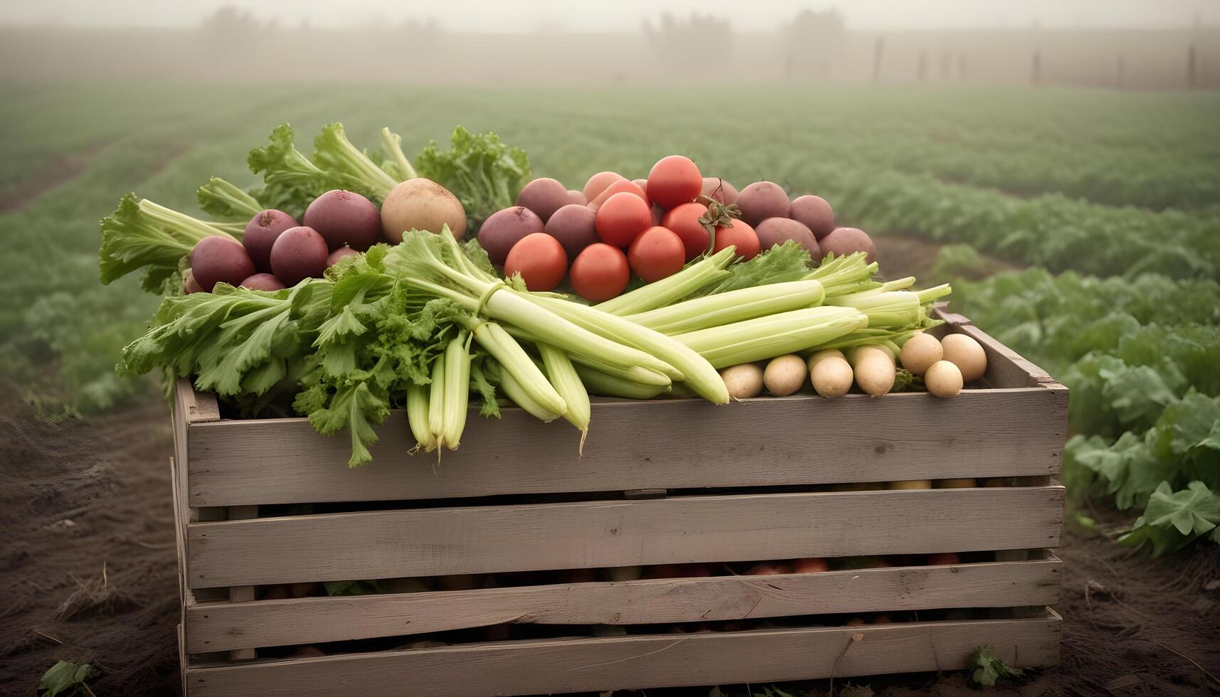A crate full of fresh vegetables in a field photo
