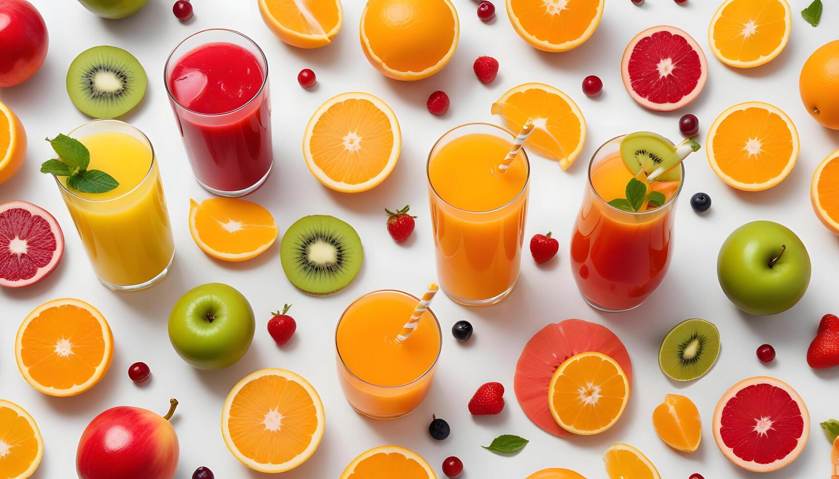 Various fruits and juices are arranged in a circle photo