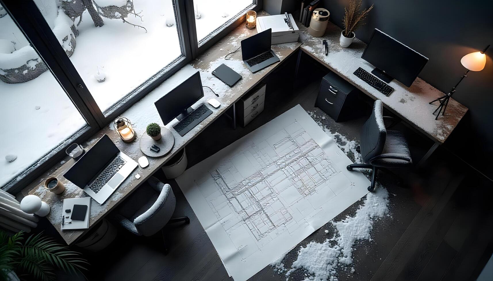 A computer desk with two laptops and a desk lamp photo